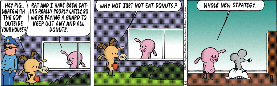 полицейский против пончиков это как пчела против мёда; а новая стратегия подразумевает, что у Свина есть самоконтроль – что само по себе в пять раз смешнее этого комикса.