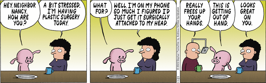 В моё время носить с собой телефон не получалось, потому что он крепился к стене на кухне. Если кто-то говорил по телефону, он говорил по телефону; это занятие нельзя было совмещать ни с чем другим, разве что с пролистыванием старой кулинарной книги или поиском завалявшейся монетки в ящике стола. Нельзя было даже наклониться и завязать шнурок без риска удавиться трёхметровым проводом.