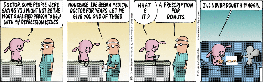 Мужчина приходит к врачу. Жалуется на депрессию, говорит, жизнь груба и жестока, что он чувствует себя одиноким в угрожающем мире. Врач предлагает простой рецепт: «Великий клоун Пальячи сегодня в городе, сходите, это вас подбодрит». Мужчина взрывается слезами. «Но, доктор», — говорит он, — «Я и есть Пальячи». Хороший анекдот. Всем смеяться.